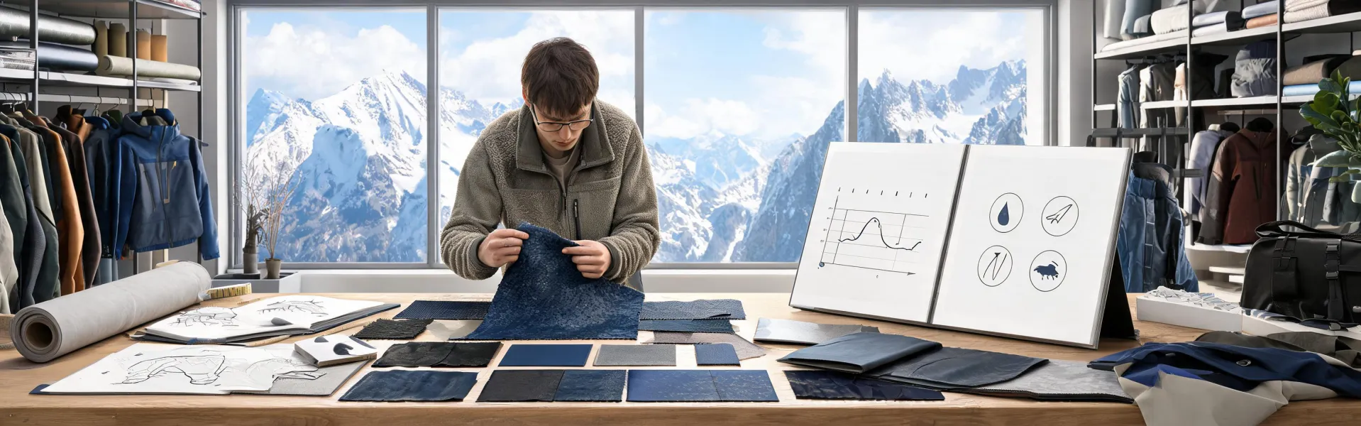 Outdoor garment developer reviewing fabric and test plan