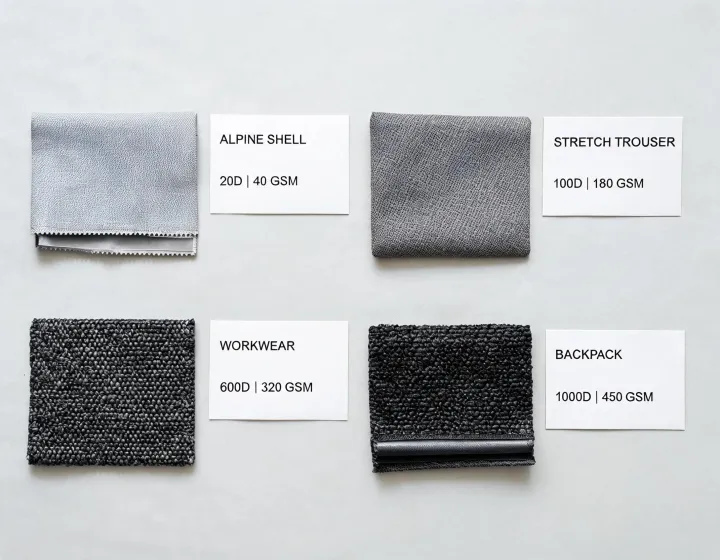 Outdoor performance fabric swatches under application review